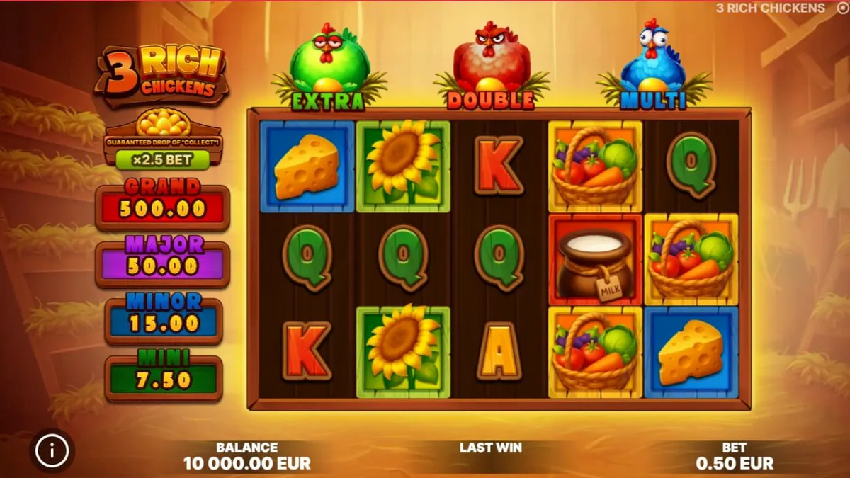 Interface colorida do slot 3 Rich Chickens com galinhas e ovos dourados